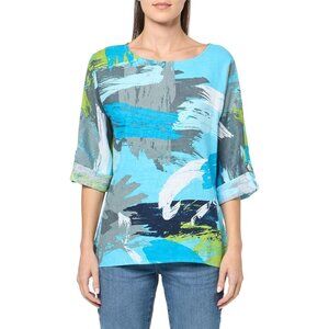Ali Miles Womens Abstract Print Linen Top Button Back Sleeve Sustainable Artsy S